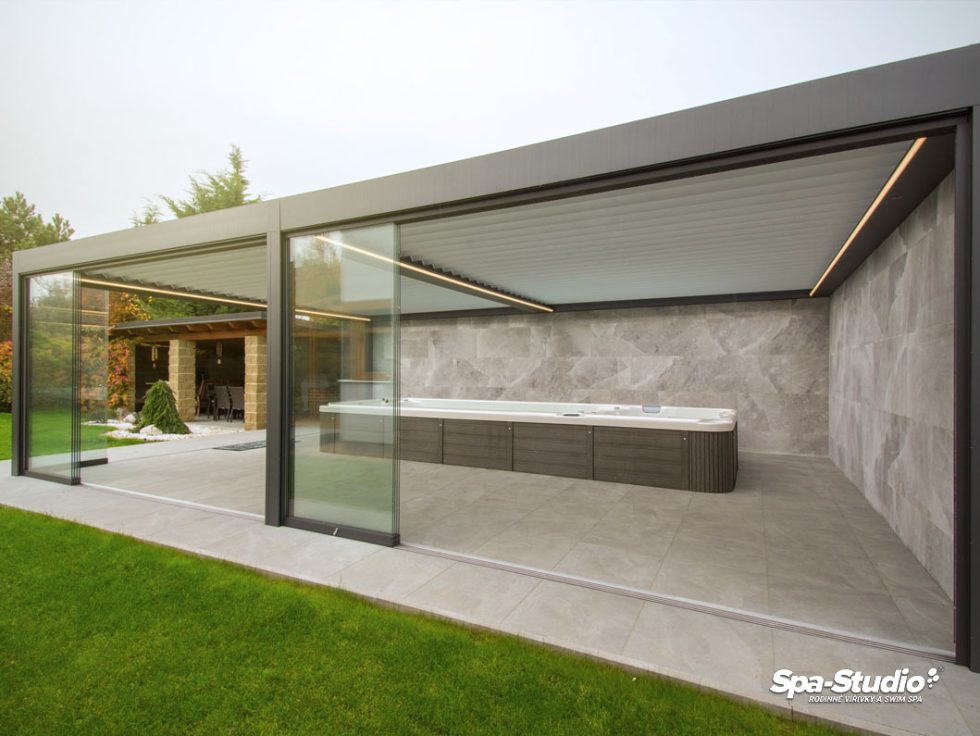 Combined pool with counterflow and whirlpool part by the exclusive seller SPA-Studio® offers chlorine free technology and complete realization turnkey.