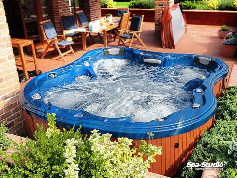 Luxury five seats outdoor hot tub on the terrace Monodon in natural blue color - Canadian Spa International® Spa Studio Showroom Bratislava
